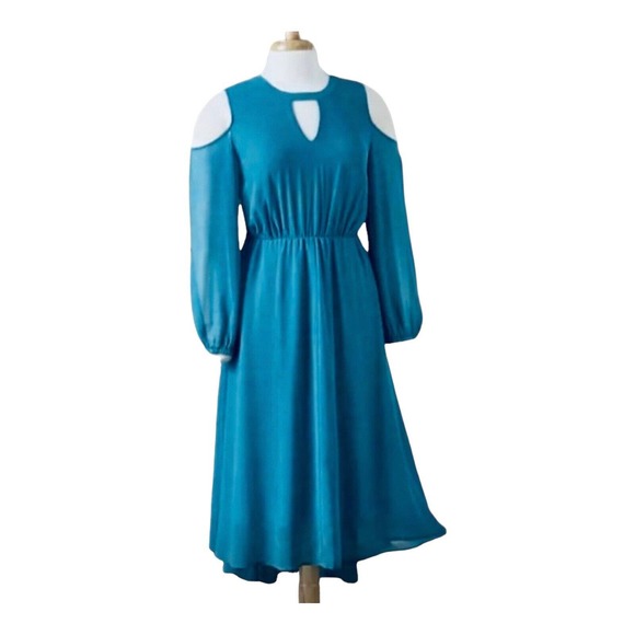 Midnight Velvet Chiffon Peacock Blue Office Casual Church Party Guest Dress - Picture 2 of 16